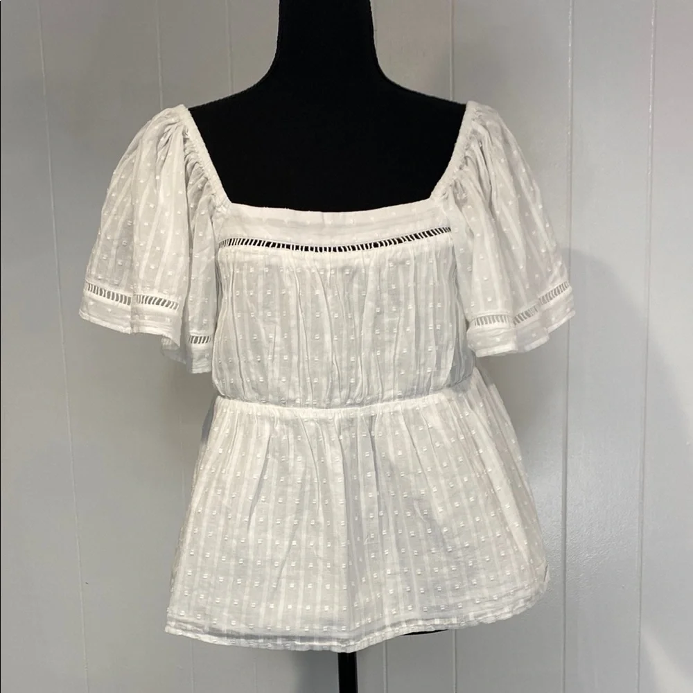 LOFT Blouse Ruffle Puff Sleeve Smocked Swiss Dot Romantic Milkmaid White Medium